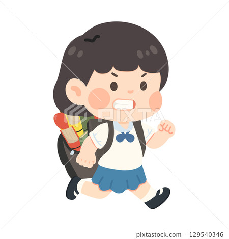 Cartoon Illustration of Upset Schoolgirl Running Late 129540346