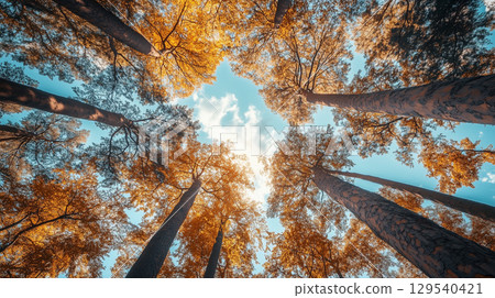 autumn forest. yellow forest trees in autumn. gold leaves against a clear blue sky. 129540421