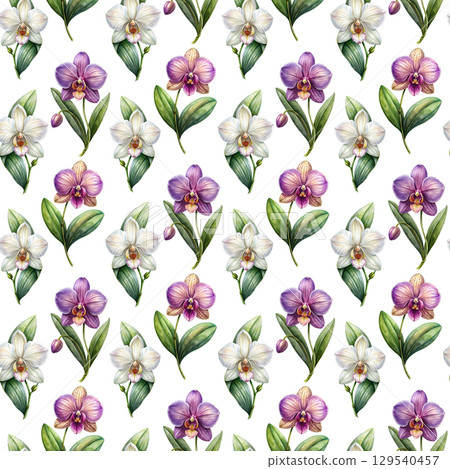 White and violet orchid flower with green leaves seamless pattern  White and violet orchid flower with green leaves seamless pattern  129540457