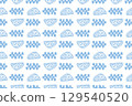 Blue summer seamless pattern. Abstract checkered elements, fruits. Vector mosaic background. Geometric square shapes with lemons. Mediterranean wallpaper, print, textile 129540520