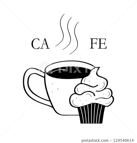 A cup of hot coffee and cupcake doodle icon. Cafe logo design concept. Vector illustration on a white background. A cup of hot coffee and cupcake doodle icon. Cafe logo design concept. Vector illustration on a white background. 129540614