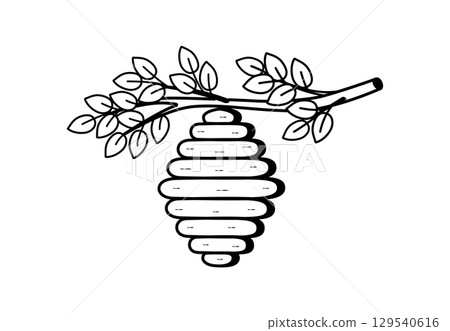 A beehive hanging on a branch doodle icon. Cartoon sketch of a wild bee hive, a honey bee nest. Hand drawn vector illustration on a white background. A beehive hanging on a branch doodle icon. Cartoon sketch of a wild bee hive, a honey bee nest. Hand drawn vector illustration on a white background. 129540616
