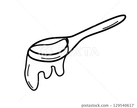 Honey spoon doodle icon. Sketch of wooden Stick with syrup drip. Hand drawn vector illustration on a white background. Honey spoon doodle icon. Sketch of wooden Stick with syrup drip. Hand drawn vector illustration on a white background. 129540617