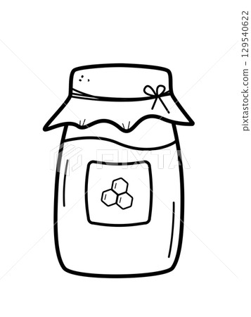 Honey in a glass jar doodle icon. Vector illustration isolated on white background. Coloring page. Honey in a glass jar doodle icon. Vector illustration isolated on white background. Coloring page. 129540622