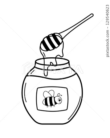 Honey in a glass jar doodle icon. Wooden stick with liquid honey. Vector illustration isolated on white background. Honey in a glass jar doodle icon. Wooden stick with liquid honey. Vector illustration isolated on white background. 129540623