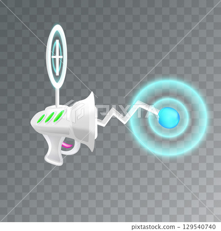 Cartoon super space energy blaster isolated on transparent background. Retro game label or icon with vintage space laser pistol gun. Tesla electric coil gun 129540740
