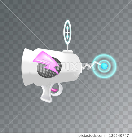 Cartoon super space energy blaster isolated on transparent background. Retro game label or icon with vintage space laser pistol gun. Tesla electric coil gun 129540747