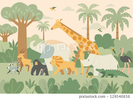 Vector illustration of cute African animals in a flat cartoon style. Includes giraffe, elephant, lion, rhino, crocodile, ostrich, gorilla, lemur, flamingo, turtle, and birds in a tropical savanna 129540838
