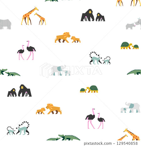 Seamless Vector Animal Pattern, Cute Safari Animal in Minimal Flat Style for Kids Fabric, Wallpaper, Nursery Decor and Packaging Design 129540858