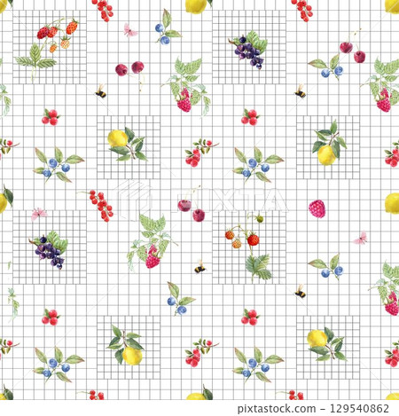Seamless Watercolor Berry Pattern on Geometric Grid, Hand Painted Fruit and Floral Design with Lemons, Cherries, Blueberries, and Bees Modern Botanical Background for Fabric, Wallpaper, Packaging 129540862