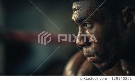 準備在黑暗的拳擊場上戰鬥的拳擊手的側面像 準備在黑暗的拳擊場上戰鬥的拳擊手的側面像 129540891