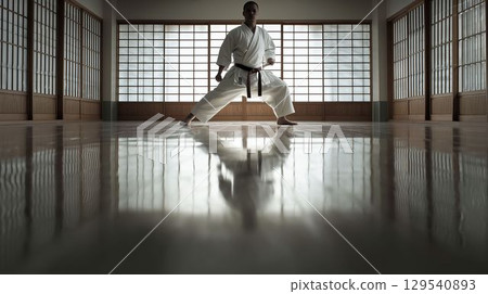 空手道練習者在安靜的道場練習空手道 129540893