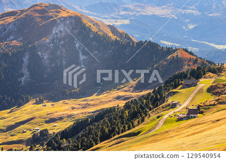 Seceda autumn valley landscape, Val Gardena, Italy Seceda autumn valley landscape, Val Gardena, Italy 129540954