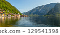 Hallstatt on Lake Hallstatt, a beautiful historic small town on the shore of a lake by mountains, Austria 129541398