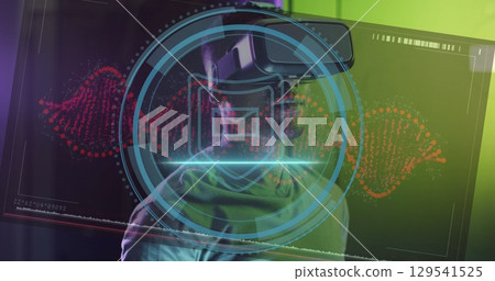 Image of data processing over african american man with vr headset 129541525