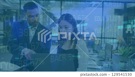 Image of data processing over diverse business people talking in office Image of data processing over diverse business people talking in office 129541530