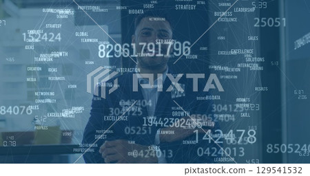 Image of data processing over businessman smiling in office 129541532