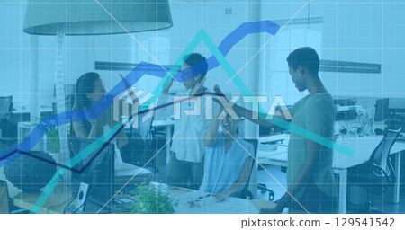 Image of data processing over diverse business people talking in office Image of data processing over diverse business people talking in office 129541542