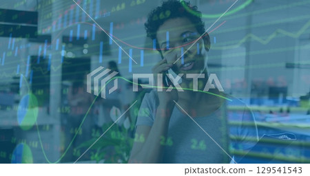 Image of data processing over african american businesswoman using smartphone in office 129541543