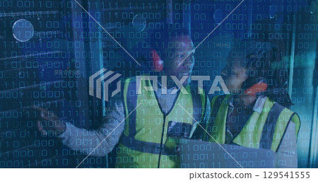 Image of data processing over african american couple server room workers using headphones Image of data processing over african american couple server room workers using headphones 129541555