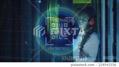 Image of data processing over african american female server room worker using headphones Image of data processing over african american female server room worker using headphones 129541556