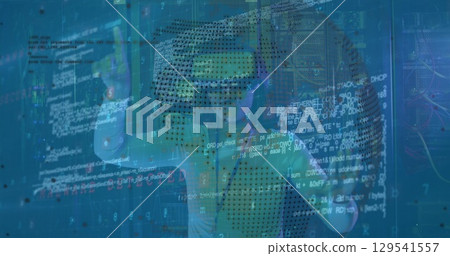 Image of data processing over african american female server room worker using vr headset 129541557
