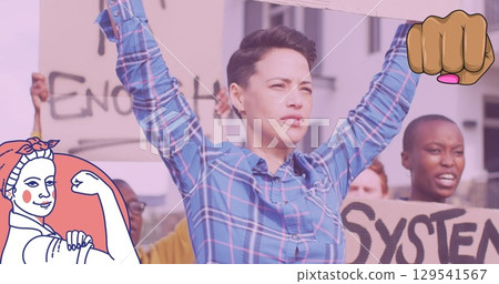 Image of pinup girl over diverse group of women with banners 129541567