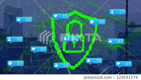 Image of social media icons with growing number and padlock icon over cityscape 129541579