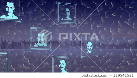 Image of shapes and data processing with people portraits over cityscape 129541581