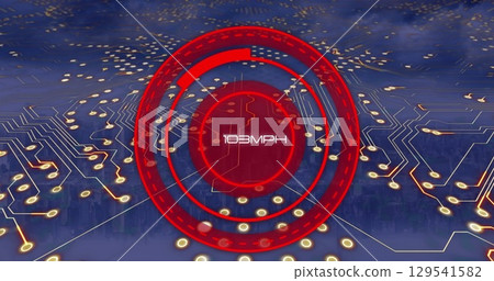 Image of scope scanning with growing number and computer circuit board over cityscape 129541582