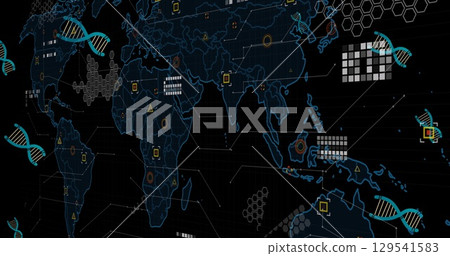 Image of dna, data and world map on black background Image of dna, data and world map on black background 129541583