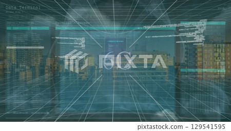 Image of data processing on screens and 6g over cityscape 129541595
