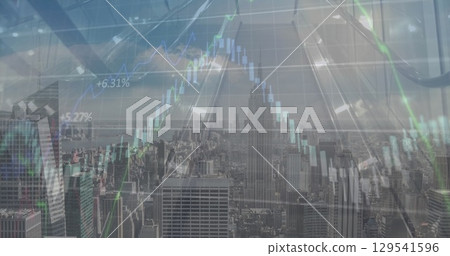 Image of financial data processing over cityscape 129541596