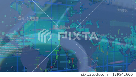 Image of connections and network of connections over caucasian man using smartphone 129541600