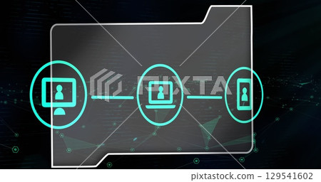 Image of file icon with people media icons over networks of connections on black background Image of file icon with people media icons over networks of connections on black background 129541602
