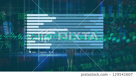 Image of statistics and layers of data processing over caucasian businesswoman holding briefcase Image of statistics and layers of data processing over caucasian businesswoman holding briefcase 129541607