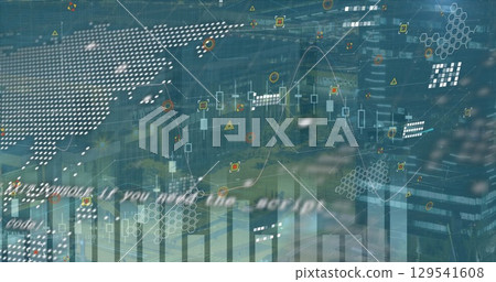 Image of graphs, data processing, icons and globe on blue background 129541608