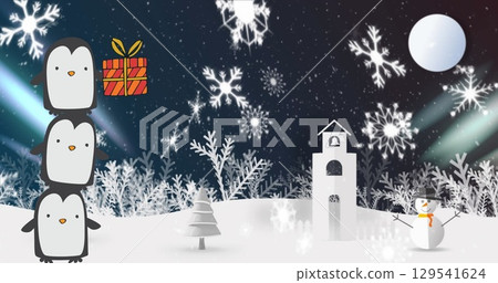 Image of santa claus in sleigh with reindeer over snow falling on winter landscape 129541624