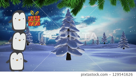 Image of snow falling over winter scenery Image of snow falling over winter scenery 129541626