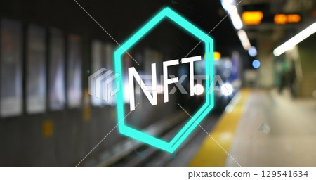 Image of nft logo over underground train arriving at metro station 129541634