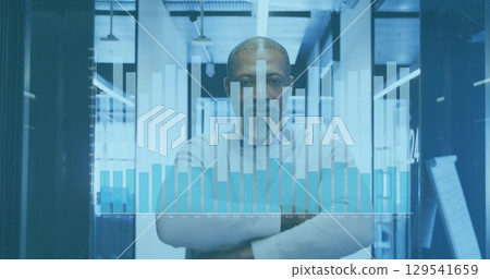 Image of financial graphs and data over african american man looking at camera in office Image of financial graphs and data over african american man looking at camera in office 129541659