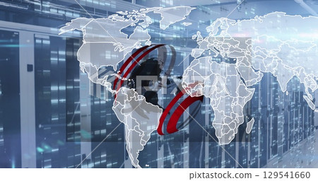 Image of globe and world map over server room Image of globe and world map over server room 129541660