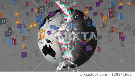 Image of globe, world map, dna and tech icons over grey background Image of globe, world map, dna and tech icons over grey background 129541662