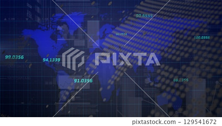 Image of financial graphs and data over world map on navy background 129541672