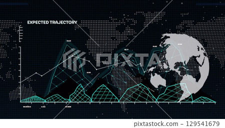 Image of financial graphs, globe, world map and data over black background Image of financial graphs, globe, world map and data over black background 129541679