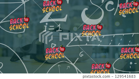Image of back to school and math formulas over vr headset 129541683