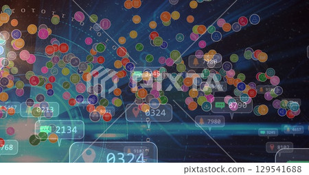 Image of tech icons and social media reactions on navy background Image of tech icons and social media reactions on navy background 129541688