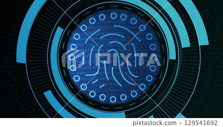 Image of fingerprint in processing circle on black background 129541692