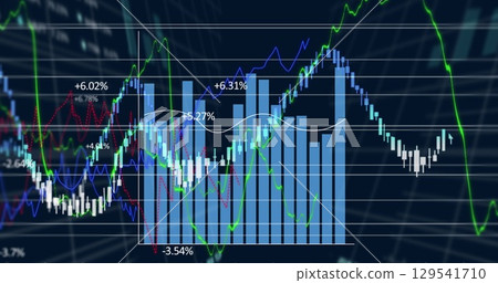Image of diverse graphs and financial data on navy background 129541710