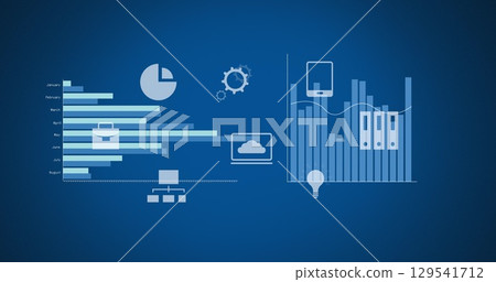 Image of diverse graphs and financial data on blue background 129541712